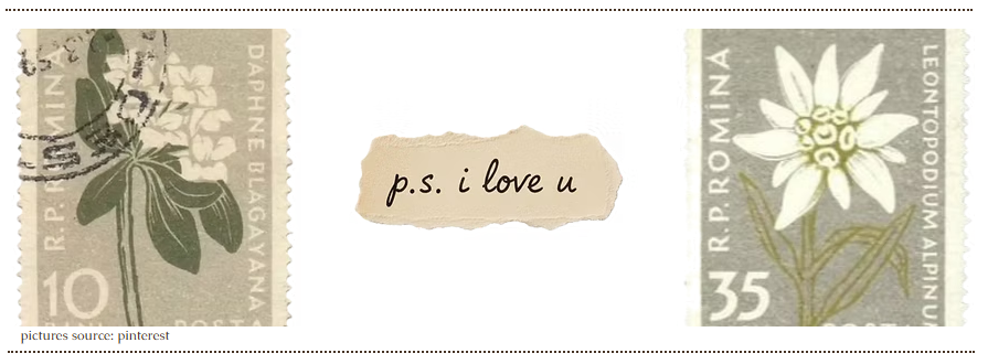vintage flower postage stamps with a handwritten 'p.s. i love u' note